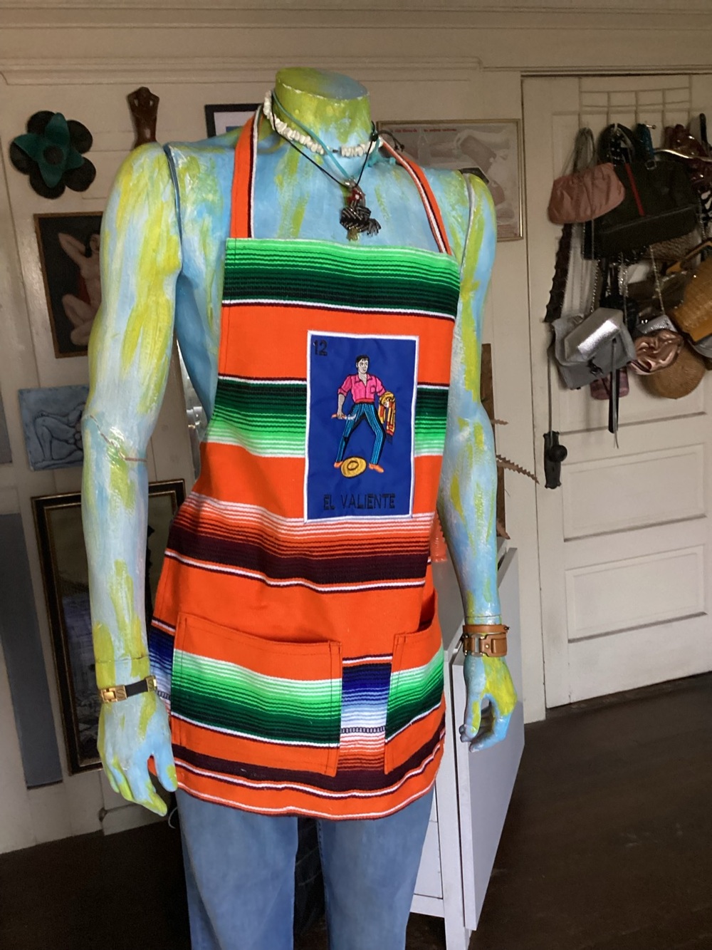 El Valiente  loteria Orange Mexican Serape Apron with Pockets